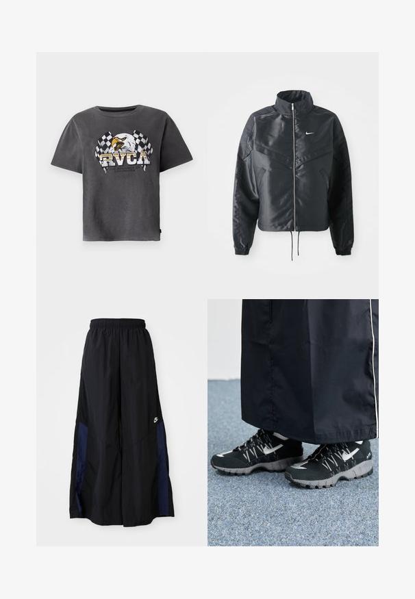 Črna skrajšana jakna z visokim ovratnikom, zadrgo, elastan rokavi in belim logotipom Nike. Gladek, sijoč material z rahlo teksturirano površino.; Siva bombažna majica s kratkimi rokavi, ki vsebuje grafiko orla in šahovnice. Oblikovanje vključuje besedo "RVCA" in slogan spodaj.; Črne široke hlače iz lahkega materiala, z morsko modrim stranskim panelom in elastičnim pasom. Majhna bela oznaka na dnu.; Črne športne čevlje z teksturirano zgornjimi deli, srebrnimi odtenki in z vzorčenim podplatom, v kombinaciji z dolgim črnim oblačilom. Postavljeno na modrem preprogo.