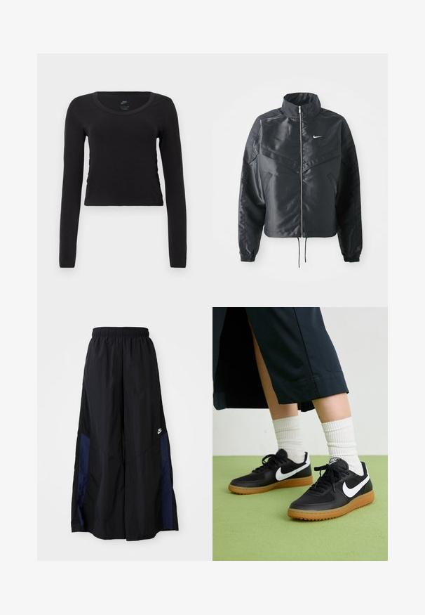 Fekete, rövidített dzseki magas gallérral, cipzáras záródással, elasztikus mandzsettákkal, és fehér Nike logóval. Simább, fényes anyag, enyhén textúrázott felülettel.; Hosszú ujjú, rövid fazonú póló tiszta fekete pamutból. Kerek nyakkivágással és enyhe oldalsó ráncolási részlettel rendelkezik, amely szorosabb megjelenést kölcsönöz.; Fekete, bő szárú nadrág könnyű anyagból, tengerészkék oldalsó panellel és elasztikus derékkal. Kicsi fehér logó az alján.; Fekete bőr és szintetikus sneakers, fehér Nike logo-val, gumi talppal, kerek orral és fekete fűzővel. Csíkos fehér zokni látható.