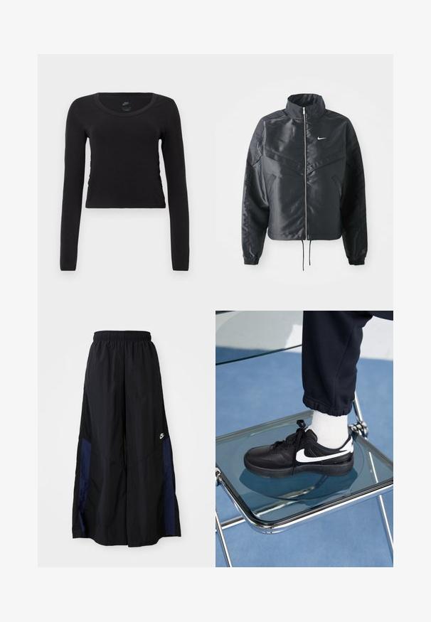 Veste noire courte avec col haut, fermeture éclair, poignets en élasthanne et logo Nike blanc. Tissu lisse et brillant avec une surface légèrement texturée.; T-shirt court à manches longues en coton noir uni. Présente un col rond et un léger détail de fronces sur les côtés pour un look ajusté.; Pantalons larges noirs en tissu léger, avec un panneau latéral bleu marine et une taille élastique. Petit logo blanc en bas.; Baskets Nike noires avec des accents blancs, présentant une texture en cuir lisse, un design à lacets et un bout rond, placées sur une chaise en verre.