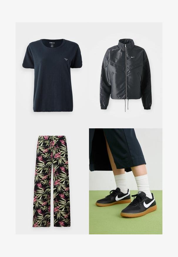 Schwarze, verkürzte Jacke mit hohem Kragen, Reißverschluss, Elastan-Ärmeln und einem weißen Nike-Logo. Glattes, glänzendes Material mit leicht strukturiertem Oberflächeneffekt.; Navyblaues Kurzarm-T-Shirt aus weichem Stoff, mit Rundhalsausschnitt und kleinem Logo auf der linken Brust. Schlichtes und lässiges Design.; Weite Hose aus einem schwarzen Stoff mit floralem Muster, das pinke Orchideen und grüne Blätter zeigt. Sanfte Textur mit lässiger Passform.; Schwarze Leder- und synthetische Sneakers mit weißem Nike-Swoosh, Gummisohle, runder Spitze und schwarzen Schnürsenkeln. Gestreifte weiße Socken sind sichtbar.
