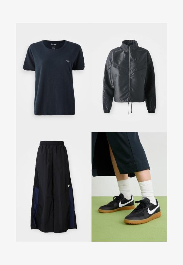 Black cropped jacket with high collar, zip closure, elastane cuffs, and a white Nike logo. Smooth, shiny fabric with a slightly textured surface.; Navy blue short-sleeve T-shirt made of soft fabric, featuring a round neckline and a small logo on the left chest. Simple and casual design.; Black wide-leg pants made of lightweight fabric, featuring a navy blue side panel and an elastic waistband. Small white logo on bottom.; Black leather and synthetic sneakers with white Nike swoosh, rubber gum sole, round toe, and black laces. Ribbed white socks visible.