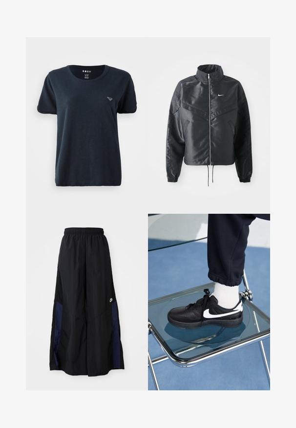 Black cropped jacket with high collar, zip closure, elastane cuffs, and a white Nike logo. Smooth, shiny fabric with a slightly textured surface.; Navy blue short-sleeve T-shirt made of soft fabric, featuring a round neckline and a small logo on the left chest. Simple and casual design.; Black wide-leg pants made of lightweight fabric, featuring a navy blue side panel and an elastic waistband. Small white logo on bottom.; Black Nike sneakers with white accents, featuring a smooth leather texture, lace-up design, and rounded toe, positioned on a glass chair.