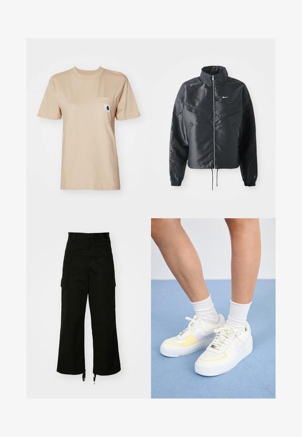 Sort cropped jakke med høj krave, lynlås lukning, elastiske manchetter og et hvidt Nike-logo. Glat, blankt stof med en let struktureret overflade.; Beige bomulds T-shirt med rund halsudskæring, korte ærmer og en brystlomme med et lille logo-mærke. Glat tekstur og enkelt design.; Sorte cargobukser lavet af bomuld, med brede ben, sidelommer og snoretræk i kanten. Designet inkluderer en knaplukning i taljen.; Hvide lædersneakers med gule og lavendel accenter, rund tå, flade snørebånd og struktureret gummisål. Båret med hvide sokker.