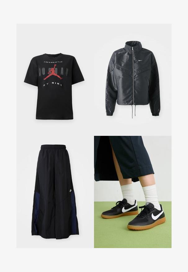 Chaqueta negra corta con cuello alto, cierre de cremallera, puños de elastano y un logo de Nike en blanco. Tejido suave y brillante con una superficie ligeramente texturizada.; Camiseta de algodón negra con mangas cortas, cuello redondo y un estampado gráfico con una silueta roja y el texto "AUTHENTIC JORDAN BY NIKE."; Pantalones de pierna ancha negros, confeccionados en una tela ligera, con un panel lateral azul marino y una cinturilla elástica. Logotipo blanco pequeño en la parte inferior.; Zapatillas de cuero negro y sintético con el swoosh blanco de Nike, suela de goma, punta redonda y cordones negros. Calcetines blancos acanalados visibles.