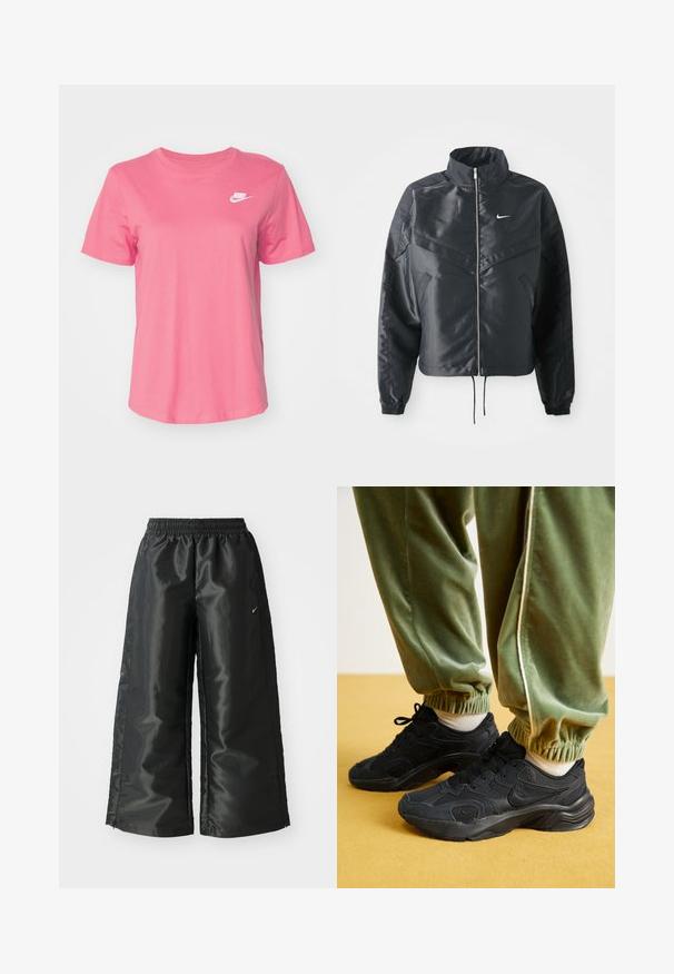 Jachetă croppată neagră cu guler înalt, închidere cu fermoar, manșete din elastan și un logo alb Nike. Material neted, lucios, cu o suprafață ușor texturată.; Nike Sportswear CLUB TEE - Tricou basic - aster pink/white; Pantaloni sportivi negri dintr-un material lucios si neted, dotati cu o talie elastica, picioare late si un logo mic pe partea stanga.; Adidași atletici negri cu plasă și suprapunerile sintetice, talpă texturată, asociați cu pantaloni de trening verzi, cu manșete elastice, pe o suprafață galbenă.