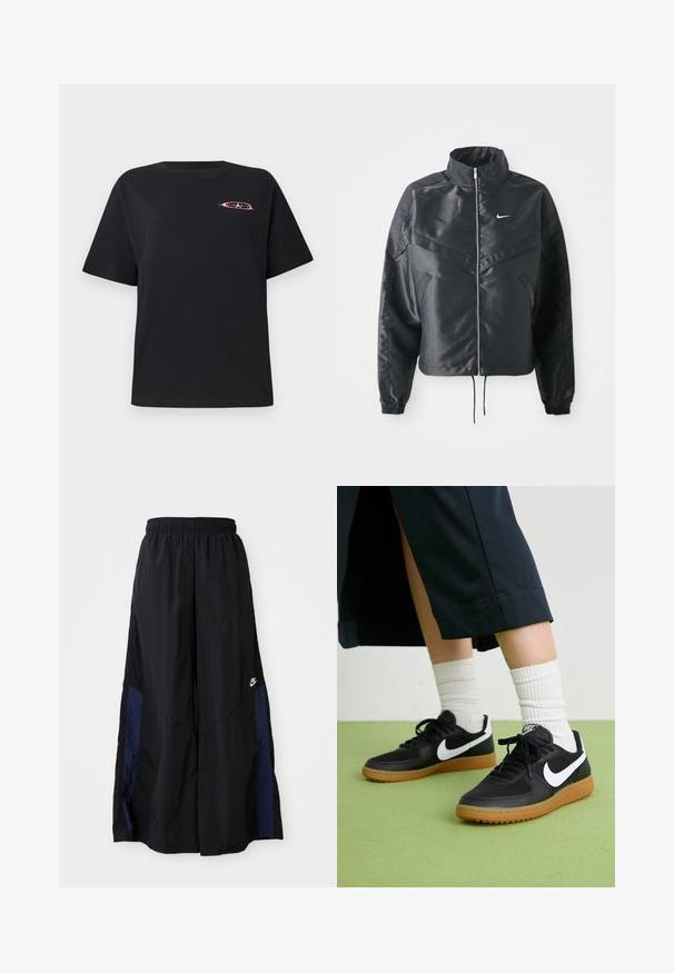 Melna apgriezta jaka ar augstu apkakli, rāvējslēdzēja aizdari, elastīna aprocēm un baltu Nike logo. Gluda, spīdīga auduma ar nedaudz teksturētu virsmu.; Melnas kokvilnas T-krekls ar brīvu piegriezumu, apaļu kakla izgriezumu, īsām piedurknēm un krāsainu izšuvumu uz kreisā krūšu. ; Melni plata kāju bikses no viegla auduma, ar tumši zilu sānu paneli un elastīgu jostu. Mazs balts logotips apakšā.; Melna āda un sintētiska materiāla sporta apavi ar baltu Nike logo, gumijas zole, apaļa purngala forma un melni šņores. Redzamas ribotas baltas zeķes.