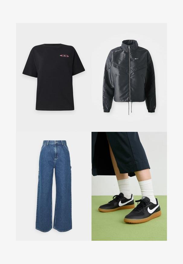 Svart cropped jakke med høy krage, glidelåsåpning, elastiske mansjetter og en hvit Nike-logo. Glatt, shiny stoff med en lett teksturert overflate.; Svart bomull T-skjorte med avslappet passform, rund hals, korte ermer og en fargerik logo brodert på venstre bryst.; Videbeinete blå denimbukser med høy midje, kontraststing, og sidelommer, med et klassisk fem-lommers design og rå kanter.; Sorte lær- og syntetiske joggesko med hvit Nike swoosh, gummisåle, rund tå og sorte lisser. Ribbet hvite sokker synlige.