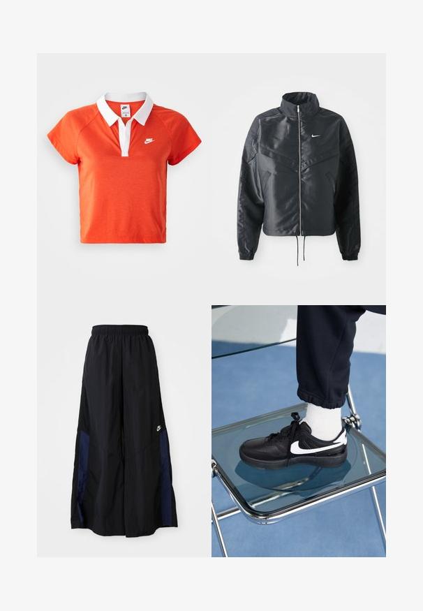 Svart kort jacka med hög krage, dragkedja, ärmslut i elastan och en vit Nike-logotyp. Slät, glänsande tyg med en något strukturerad yta.; Orange polo skjorta med vit krage, korta ärmar och Nike-logotyp i vitt på vänster bröst. Tillverkad av ett mjukt bomullsblandningsmaterial.; Svarta vida byxor gjorda av lättviktig tyg, med en marinblå sid panel och ett elastiskt midjeband. Litet vitt logotyp nertill.; Svarta Nike-sneakers med vita detaljer, med en slät läderstruktur, snörningsdesign och rund tå, placerade på en glasstol.