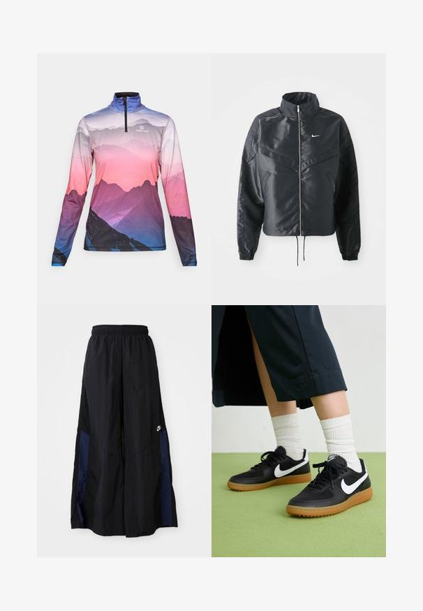 Juoda trumpa striukė su aukštu coloru, užtrauktuku, elastaniniu rankogaliu ir balta Nike logotipu. Lygus, blizgus audinys su šiek tiek tekstūruotu paviršiumi.; Ilga rankovė zip-up viršūnė su kalnų peizažo spauda purpurinės, rožinės ir mėlynos spalvos atspalviuose, su "FIRE+ICE" logo ant krūtinės.; Juodos plačios kojų kelnės, pagamintos iš lengvos medžiagos, su tamsiai mėlyna šonine juostele ir elastinga juosmens juosta. Maža balta logotipo etikete apačioje.; Juodos odinės ir sintetinių medžiagų sportbačiai su balta Nike swoosh, guminis padas, apvalus pirštas ir juodi raišteliai. Matomos banguotos baltos kojinės.