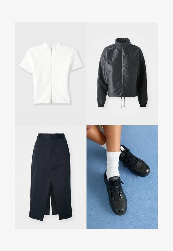 Melna apgriezta jaka ar augstu apkakli, rāvējslēdzēja aizdari, elastīna aprocēm un baltu Nike logo. Gluda, spīdīga auduma ar nedaudz teksturētu virsmu.; Piemērots balts ribots adījums īsām piedurknēm tops ar augstu apkakli un priekšējo rāvējslēdzēju. Ievērojama tekstūra ar gludu apdari.; Tumši jūras zila midi svārki, izgatavoti no kokvilnas maisījuma auduma, ar priekšējo spraugu, slēptu rāvējslēdzēju un sānu kabatām funkcionalitātei.; Melni Nike sporta apavi ar teksturētu virsmu, spīdīgām akcentiem un noapaļotām mežģīnēm. Tie ir apģērbi ar baltām ribotām zeķēm uz gaiši zila fona.