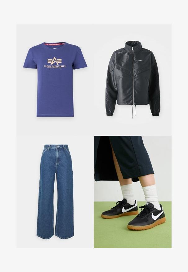 Melna apgriezta jaka ar augstu apkakli, rāvējslēdzēja aizdari, elastīna aprocēm un baltu Nike logo. Gluda, spīdīga auduma ar nedaudz teksturētu virsmu.; Tumši zila kokvilnas tīrta ar īsām piedurknēm, ar beige krāsas logotipu "ALPHA INDUSTRIES" un sarkanu iekšējo apkakli ar tekstu.; Platleņķa zili džinsi ar augstu jostasvietu, kontrastējošām šuvēm un sānu kabatām, ar klasisku piecu kabatu dizainu un neapstrādātiem malām.; Melna āda un sintētiska materiāla sporta apavi ar baltu Nike logo, gumijas zole, apaļa purngala forma un melni šņores. Redzamas ribotas baltas zeķes.