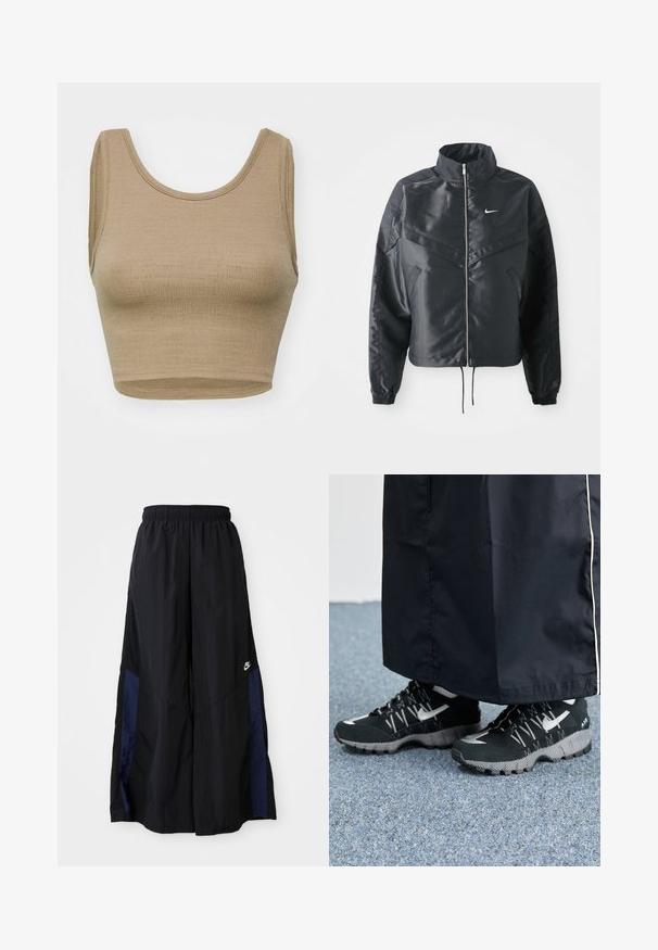 Casaco preto curto com colarinho alto, fecho de zip, punhos em elastano e um logótipo Nike branco. Tecido suave e brilhante com uma superfície ligeiramente texturizada.; Top cropped beige feito de tecido de malha texturizado, com decote redondo e cavas largas, apresentando um corte limpo e simples, sem fechos.; Calças largas pretas feitas de tecido leve, com um painel lateral azul-marinho e cintura elástica. Pequeno logótipo branco na parte inferior.; Tênis atléticos pretos com um cabedal texturizado, detalhes prateados e um solado estampado, combinados com uma peça longa preta. Ambientado sobre um tapete azul.