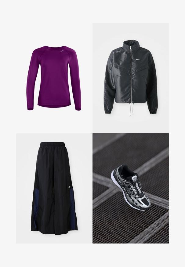 Svart kort jacka med hög krage, dragkedja, ärmslut i elastan och en vit Nike-logotyp. Slät, glänsande tyg med en något strukturerad yta.; Långärmad skjorta i enfärgad violett, gjord av lätt, mjukt tyg. Har rund halsringning och en diskret logotyp vid axeln.; Svarta vida byxor gjorda av lättviktig tyg, med en marinblå sid panel och ett elastiskt midjeband. Litet vitt logotyp nertill.; Nike löparskor med en svart och silver färgsättning, mesh-överdel, strukturerad sula och snörningssystem för en säker passform.