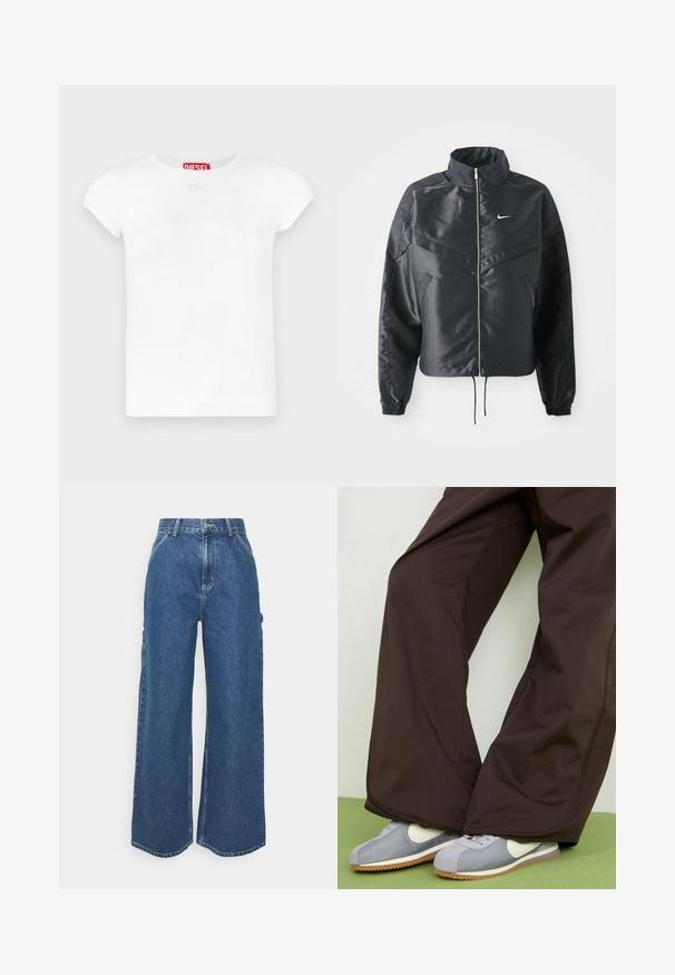 Čierna skrátená bunda s vysokým golierom, zipsovým uzatváraním, elastickými manžetami a bielym logom Nike. Hladká, lesklá tkanina s mierne textúrovaným povrchom.; Biele bavlnené tričko s okrúhlym výstrihom, krátkymi rukávmi a malým logom na prednej strane. Na štítku je nápis "DIESEL" červenou farbou.; Dlhé modré džínsy so širokými nohavicami a vysokým pásom, s kontrastným prešívaním a bočnými vreckami, s klasickým dizajnom piatich vreciek a surovými lemami.; Hnedé nohavice s širokými nohavicami a hladkým povrchom, so švami po stranách, skombinované so šedými a bielymi retro teniskami s gumenou podrážkou.