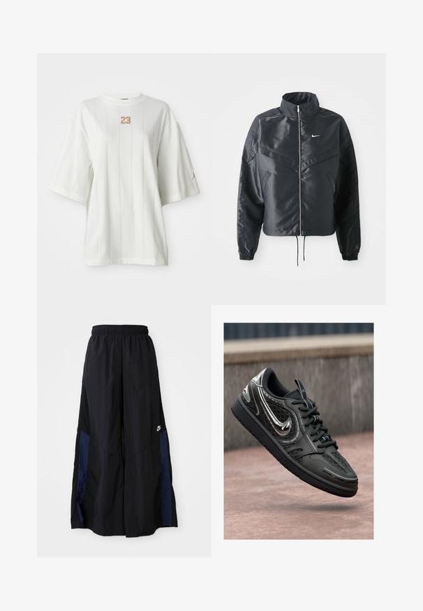 Giacca nera cropped con colletto alto, chiusura a zip, polsini in elastan e logo Nike bianco. Tessuto liscio e lucido con una superficie leggermente texturizzata.; T-shirt bianco a maniche corte con righe verticali e scollatura rotonda. Presenta un logo "23" testurizzato sul petto e un piccolo logo decorativo sulla manica.; Pantaloni neri a gamba larga realizzati in tessuto leggero, con un pannello laterale blu navy e una cintura elastica. Piccolo logo bianco sul fondo.; Sneaker nera con superficie texturizzata, accenti metallici e motivo a rete. Presenta una tradizionale allacciatura e una suola in gomma liscia.