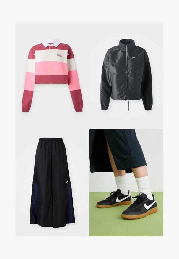 Schwarze, verkürzte Jacke mit hohem Kragen, Reißverschluss, Elastan-Ärmeln und einem weißen Nike-Logo. Glattes, glänzendes Material mit leicht strukturiertem Oberflächeneffekt.; Langarm-Polohemd mit einem cropped Design, das horizontale Streifen in Rot, Rosa und Creme aufweist. Weißer Kragen mit gesticktem Logo.; Schwarze weit geschnittene Hose aus leichtem Stoff, mit einem dunkelblauen Seitenpanel und einem elastischen Bund. Kleines weißes Logo am unteren Ende.; Schwarze Leder- und synthetische Sneakers mit weißem Nike-Swoosh, Gummisohle, runder Spitze und schwarzen Schnürsenkeln. Gestreifte weiße Socken sind sichtbar.