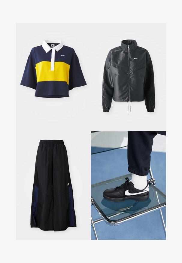 Černá zkrácená bunda s vysokým límcem, zipovým zapínáním, elastickými manžetami a bílým logem Nike. Hladká, lesklá látka s mírně strukturovaným povrchem.; Polo tričko s krátkým rukávem, námořnické barvy, se žlutým horizontálním pruhem a bílým límečkem. Na hrudi se nachází bílé logo Nike. Materiál je z kombinace bavlny.; Černé kalhoty širokého střihu vyrobené z lehkého materiálu, s námořnickou modrou bočním panelem a elastickým pasem. Malé bílé logo na spodní části.; Černé tenisky Nike s bílými akcenty, s hladkou koženou texturou, šněrovacím designem a zaoblenou špičkou, umístěné na skleněné židli.