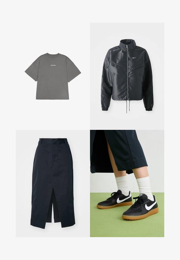 Melna apgriezta jaka ar augstu apkakli, rāvējslēdzēja aizdari, elastīna aprocēm un baltu Nike logo. Gluda, spīdīga auduma ar nedaudz teksturētu virsmu.; Pelēks pārmērīgs krekls, izgatavots no kokvilnas, ar īsām piedurknēm un noapaļotu kakla izgriezumu. Priekšpusē ir baltais uzraksts "PEGADOR".; Tumši jūras zila midi svārki, izgatavoti no kokvilnas maisījuma auduma, ar priekšējo spraugu, slēptu rāvējslēdzēju un sānu kabatām funkcionalitātei.; Melna āda un sintētiska materiāla sporta apavi ar baltu Nike logo, gumijas zole, apaļa purngala forma un melni šņores. Redzamas ribotas baltas zeķes.