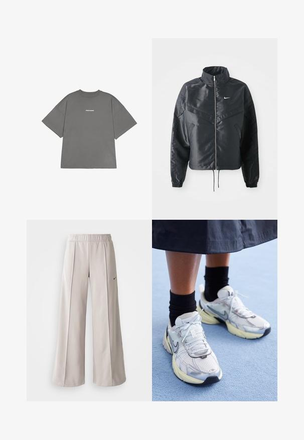 Črna skrajšana jakna z visokim ovratnikom, zadrgo, elastan rokavi in belim logotipom Nike. Gladek, sijoč material z rahlo teksturirano površino.; Siva oversize majica iz bombaža, s kratkimi rokavi in okroglim izrezom. Na sprednji strani je napis "PEGADOR" v beli barvi.; Svetlo sivi široki hlače iz gladkega materiala. Imajo elastični pas in črni Nike logotip na levi strani.; Bele in srebrne Nike teniske z mrežasto tkanino, refleksnimi poudarki in bež podplatom. Nosi se z črnimi nogavicami, stoji na modri površini.