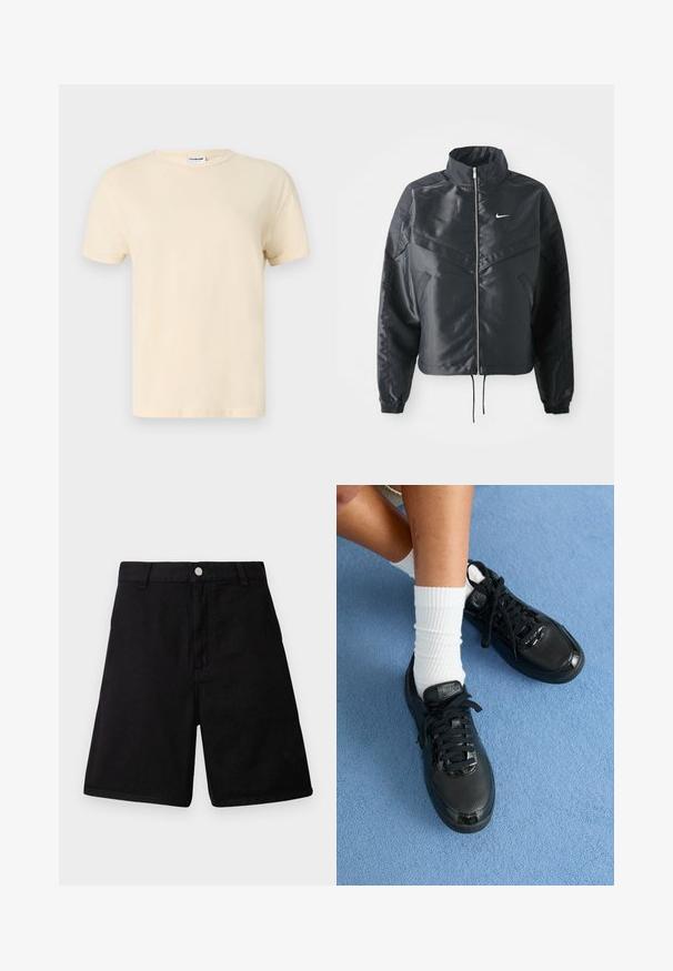 Černá zkrácená bunda s vysokým límcem, zipovým zapínáním, elastickými manžetami a bílým logem Nike. Hladká, lesklá látka s mírně strukturovaným povrchem.; Pánské tričko s krátkým rukávem v světle béžové barvě. Má kulatý výstřih, klasický střih a hladkou texturu bavlněné tkaniny. Základní design.; Černé šortky vyrobené z odolné látky, s rovný střih, předními kapsami, zipem a kovovým knoflíkem na zapínání.; Černé tenisky Nike mají texturovaný svršek, lesklé akcenty a kulaté tkaničky. Jsou doplněny o bílé žebrované ponožky na světle modrém povrchu.