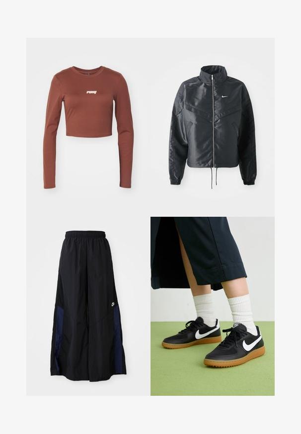 Must kolledžiga must lühike jope, millel on lukuga sulgus, elastne mansett ja valge Nike logo. Sile, läikiv kangas, millel on veidi tekstureeritud pind.; Pruun pikaaegade varrukatega crop-top, mis on valmistatud venivast materjalist, ees valge "ruby" logo. Sile tekstuur ja liibuv disain.; Mustad laiad mustad püksid kergest kangast, millel on tumesinine külgpaneel ja elastne vöökoht. Väike valge logo allservas.; Mustad nahast ja sünteetilised sneekerid valge Nike logoga, kummist gumme, ümar nina ja mustad paelad. Näha ribakujulisi valgeid sokke.