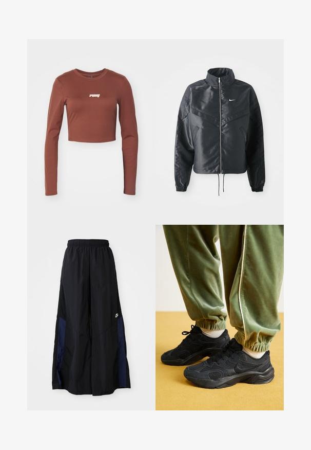 Svart cropped jakke med høy krage, glidelåsåpning, elastiske mansjetter og en hvit Nike-logo. Glatt, shiny stoff med en lett teksturert overflate.; Brun langermet crop topp laget av et stretchy materiale, med en hvit "ruby" logo på fronten. Jevn tekstur og tettsittende design.; Svarte vide bukser laget av lett stoff, med et marineblått sidestykke og elastisk midjebånd. Liten hvit logo nederst.; Sorte atletiske sneakers med mesh og syntetiske overlag, teksturert såle, paret med grønne, elastiske sweatpants med mansjetter, på gul overflate.