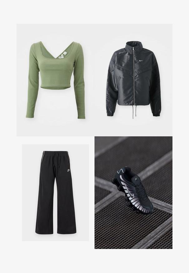 Svart kort jacka med hög krage, dragkedja, ärmslut i elastan och en vit Nike-logotyp. Slät, glänsande tyg med en något strukturerad yta.; Khaki grön, långärmad kort topp med ribbad textur och vid halsringning. Etiketter synliga vid kragen.; Svarta sweatpants i mjukt material, med resårmidja och dragsko, sidostrikar och en liten logotyp på vänster framsida.; Svart atletisk sko med texturerad mesh-övre, silverdetaljer, fotvalvsstöd och dämpad sula med distinkt segmenterad design.