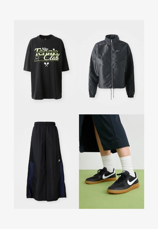 Melna apgriezta jaka ar augstu apkakli, rāvējslēdzēja aizdari, elastīna aprocēm un baltu Nike logo. Gluda, spīdīga auduma ar nedaudz teksturētu virsmu.; Melna kokvilnas T-krekls ar īsām piedurknēm, izceļoties ar zaļo un baltās "Nike Tennis Club" grafiku, tenisa bumbu un raketi attēliem.; Melni plata kāju bikses no viegla auduma, ar tumši zilu sānu paneli un elastīgu jostu. Mazs balts logotips apakšā.; Melna āda un sintētiska materiāla sporta apavi ar baltu Nike logo, gumijas zole, apaļa purngala forma un melni šņores. Redzamas ribotas baltas zeķes.