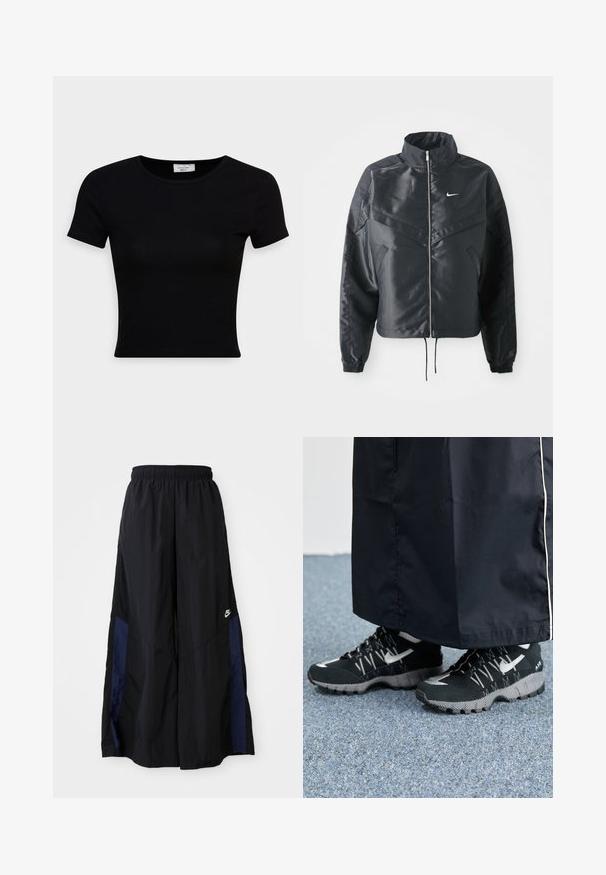 Black cropped jacket with high collar, zip closure, elastane cuffs, and a white Nike logo. Smooth, shiny fabric with a slightly textured surface.; Black short-sleeve t-shirt made of smooth cotton fabric, featuring a round neckline and a fitted design. Minimalistic with no visible patterns.; Black wide-leg pants made of lightweight fabric, featuring a navy blue side panel and an elastic waistband. Small white logo on bottom.; Black athletic shoes with a textured upper, silver accents, and a patterned outsole, paired with a black long garment. Set against blue carpet.