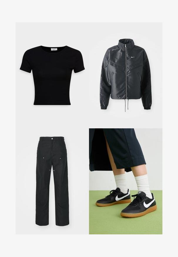 Black cropped jacket with high collar, zip closure, elastane cuffs, and a white Nike logo. Smooth, shiny fabric with a slightly textured surface.; Black short-sleeve t-shirt made of smooth cotton fabric, featuring a round neckline and a fitted design. Minimalistic with no visible patterns.; Black trousers with a straight-leg design, made of a textured fabric. Features decorative silver hardware and unique seam detailing.; Black leather and synthetic sneakers with white Nike swoosh, rubber gum sole, round toe, and black laces. Ribbed white socks visible.
