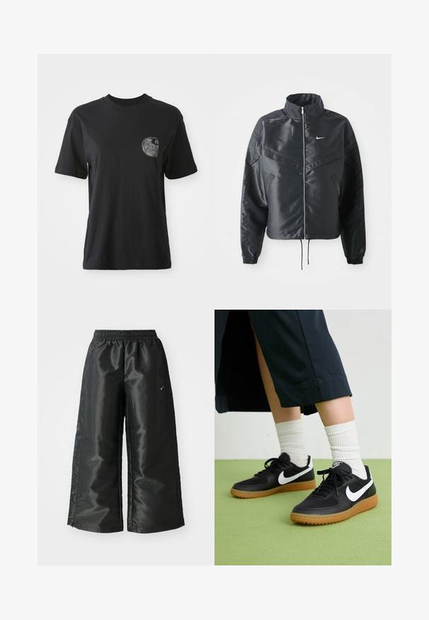 Casaco preto curto com colarinho alto, fecho de zip, punhos em elastano e um logótipo Nike branco. Tecido suave e brilhante com uma superfície ligeiramente texturizada.; T-shirt de algodão preto com gola arredondada e mangas curtas, apresentando um gráfico texturizado de um design espiral na área do bolso do peito esquerdo.; Calças atléticas pretas com um tecido brilhante e suave, apresentando uma cintura elástica, pernas largas e um pequeno logotipo do lado esquerdo.; Sapatilhas pretas em couro e sintético com o logo da Nike em branco, sola de borracha tipo goma, bico redondo e atacadores pretos. Meias brancas com frunces visíveis.