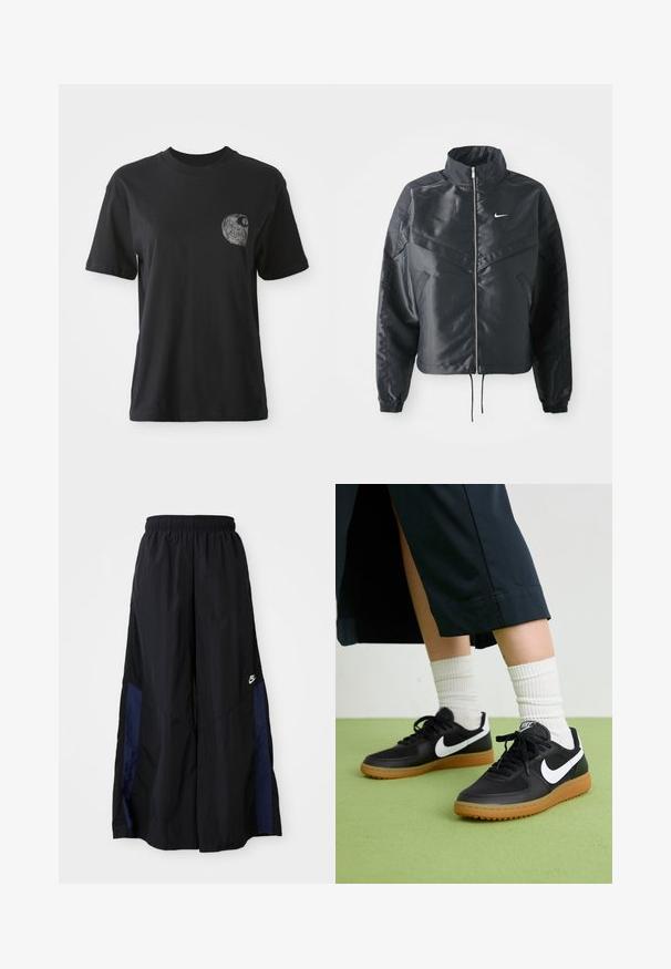 Black cropped jacket with high collar, zip closure, elastane cuffs, and a white Nike logo. Smooth, shiny fabric with a slightly textured surface.; Black cotton T-shirt with a crew neckline and short sleeves, featuring a textured graphic of a spiral design on the left chest pocket area.; Black wide-leg pants made of lightweight fabric, featuring a navy blue side panel and an elastic waistband. Small white logo on bottom.; Black leather and synthetic sneakers with white Nike swoosh, rubber gum sole, round toe, and black laces. Ribbed white socks visible.
