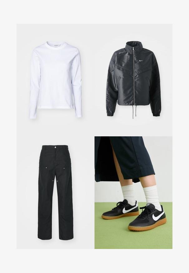 Black cropped jacket with high collar, zip closure, elastane cuffs, and a white Nike logo. Smooth, shiny fabric with a slightly textured surface.; Carhartt WIP SERENA - Long sleeved top - white; Black trousers with a straight-leg design, made of a textured fabric. Features decorative silver hardware and unique seam detailing.; Black leather and synthetic sneakers with white Nike swoosh, rubber gum sole, round toe, and black laces. Ribbed white socks visible.