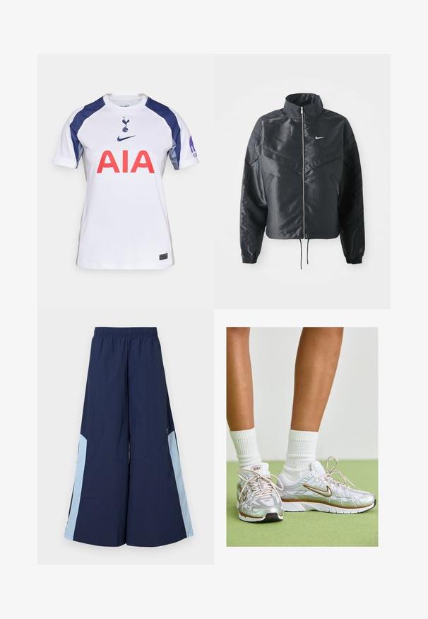 Veste noire courte avec col haut, fermeture éclair, poignets en élasthanne et logo Nike blanc. Tissu lisse et brillant avec une surface légèrement texturée.; Maillot de football blanc à manches courtes avec des accents bleu marine, présentant un col rond, un grand logo rouge "AIA" et l'emblème de l'équipe sur la poitrine.; Pantalons larges navy avec une taille élastique, dotés de panneaux latéraux bleu clair et d'une texture lisse. Conçus pour le confort et la liberté de mouvement.; Baskets athlétiques argentées avec des accents blancs et dorés, dotées d'un dessus en maille, d'une semelle en caoutchouc et d'une finition réfléchissante. Chaussettes visibles au-dessus de la cheville.