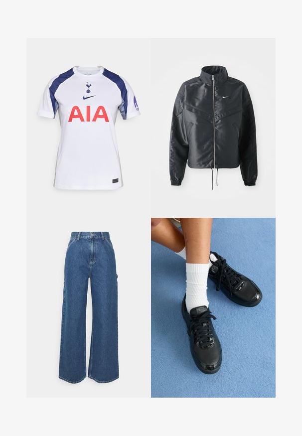 Černá zkrácená bunda s vysokým límcem, zipovým zapínáním, elastickými manžetami a bílým logem Nike. Hladká, lesklá látka s mírně strukturovaným povrchem.; Bílé fotbalové tričko s krátkým rukávem a námořnickými akcenty, se zaobleným výstřihem, velkým červeným logem "AIA" a znakem týmu na hrudi.; Široké modré džíny s vysokým pasem, kontrastním šitím a postranními kapsami, které mají klasický design s pěti kapsami a rozstřižené lemy.; Černé tenisky Nike mají texturovaný svršek, lesklé akcenty a kulaté tkaničky. Jsou doplněny o bílé žebrované ponožky na světle modrém povrchu.