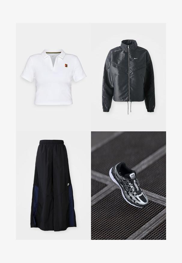 Casaco preto curto com colarinho alto, fecho de zip, punhos em elastano e um logótipo Nike branco. Tecido suave e brilhante com uma superfície ligeiramente texturizada.; Camisa polo branca de manga curta com gola, apresentando um pequeno logo colorido da Nike e um detalhe em riscas multicoloridas no interior da gola.; Calças largas pretas feitas de tecido leve, com um painel lateral azul-marinho e cintura elástica. Pequeno logótipo branco na parte inferior.; Sapatilha de corrida Nike com um esquema de cores preto e prateado, parte superior em malha, sola texturizada e sistema de atacadores para um ajuste seguro.