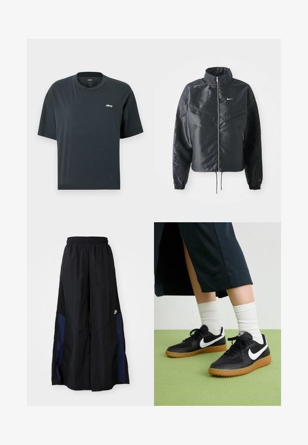 Casaco preto curto com colarinho alto, fecho de zip, punhos em elastano e um logótipo Nike branco. Tecido suave e brilhante com uma superfície ligeiramente texturizada.; T-shirt unissexo preta de manga curta com pequeno logótipo branco "obey" no lado esquerdo do peito e gola arredondada.; Calças largas pretas feitas de tecido leve, com um painel lateral azul-marinho e cintura elástica. Pequeno logótipo branco na parte inferior.; Sapatilhas pretas em couro e sintético com o logo da Nike em branco, sola de borracha tipo goma, bico redondo e atacadores pretos. Meias brancas com frunces visíveis.