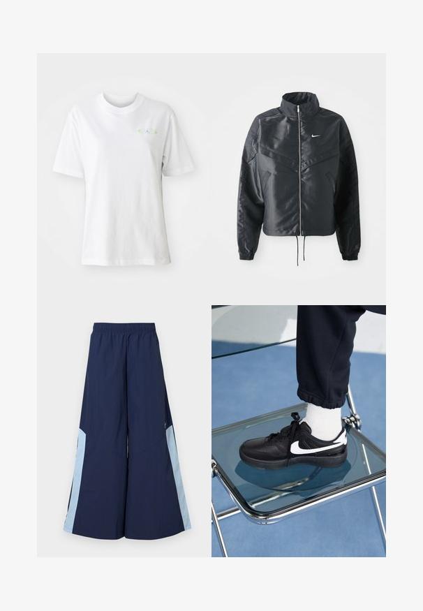 Chaqueta negra corta con cuello alto, cierre de cremallera, puños de elastano y un logo de Nike en blanco. Tejido suave y brillante con una superficie ligeramente texturizada.; Camiseta de algodón blanca con cuello redondo y mangas cortas. Presenta un pequeño logo colorido en la parte frontal. Textura suave y ajuste casual.; Pantalones de pierna ancha azul marino con una cintura elástica, que cuentan con paneles laterales de color azul claro y una textura suave. Diseñados para la comodidad y la libertad de movimiento.; Zapatillas Nike negras con acentos blancos, con una textura de cuero suave, diseño de cordones y punta redondeada, colocadas sobre una silla de cristal.