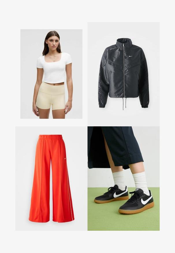 Melna apgriezta jaka ar augstu apkakli, rāvējslēdzēja aizdari, elastīna aprocēm un baltu Nike logo. Gluda, spīdīga auduma ar nedaudz teksturētu virsmu.; Balts saspringtais t-kreklis ar kvadrātveida izgriezumu, kopā ar gaismas bežiem augstos šortiem, gluda auduma, pieguļošs dizains.; Sarkani sporta bikses izgatavotas no viegla auduma, ar platajām kājām, elastīgu jostasvietu un baltu Nike logo sānos.; Melna āda un sintētiska materiāla sporta apavi ar baltu Nike logo, gumijas zole, apaļa purngala forma un melni šņores. Redzamas ribotas baltas zeķes.