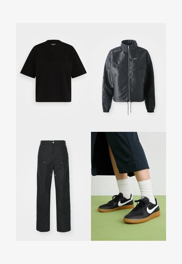 Zwarte cropped jack met hoge kraag, ritsluiting, elastische manchetten en een wit Nike-logo. Glad, glanzend materiaal met een licht gestructureerd oppervlak.; Zwart katoenen t-shirt met een ontspannen pasvorm, korte mouwen, ronde hals en een klein logo-detail op de linkerkant van de borst.; Zwarte broek met een rechte pijpdesign, gemaakt van een textuurstof. Bevat decoratieve zilveren hardware en unieke naaddetails.; Zwarte leren en synthetische sneakers met witte Nike swoosh, rubberen gumzool, ronde neus en zwarte veters. Geribbelde witte sokken zichtbaar.