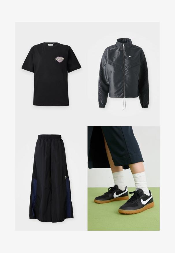 Melna apgriezta jaka ar augstu apkakli, rāvējslēdzēja aizdari, elastīna aprocēm un baltu Nike logo. Gluda, spīdīga auduma ar nedaudz teksturētu virsmu.; Melns kokvilnas T-krekls ar īsām piedurknēm, ar sirds formas grafiku violetā un bēšā krāsā, kurā ir teksts "Carhartt WIP 1989".; Melni plata kāju bikses no viegla auduma, ar tumši zilu sānu paneli un elastīgu jostu. Mazs balts logotips apakšā.; Melna āda un sintētiska materiāla sporta apavi ar baltu Nike logo, gumijas zole, apaļa purngala forma un melni šņores. Redzamas ribotas baltas zeķes.