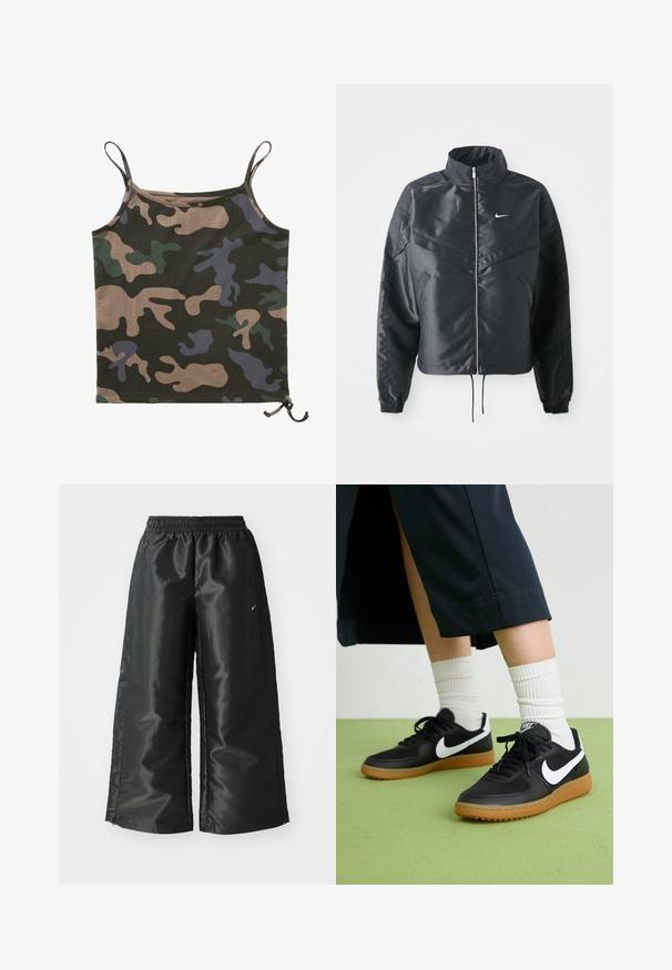 Svart cropped jakke med høy krage, glidelåsåpning, elastiske mansjetter og en hvit Nike-logo. Glatt, shiny stoff med en lett teksturert overflate.; Brandit Topper - darkcamo; Svarte treningsbukser med en blank, glatt stoff, som har et elastisk liv, vide ben og en liten logo på venstre side.; Sorte lær- og syntetiske joggesko med hvit Nike swoosh, gummisåle, rund tå og sorte lisser. Ribbet hvite sokker synlige.