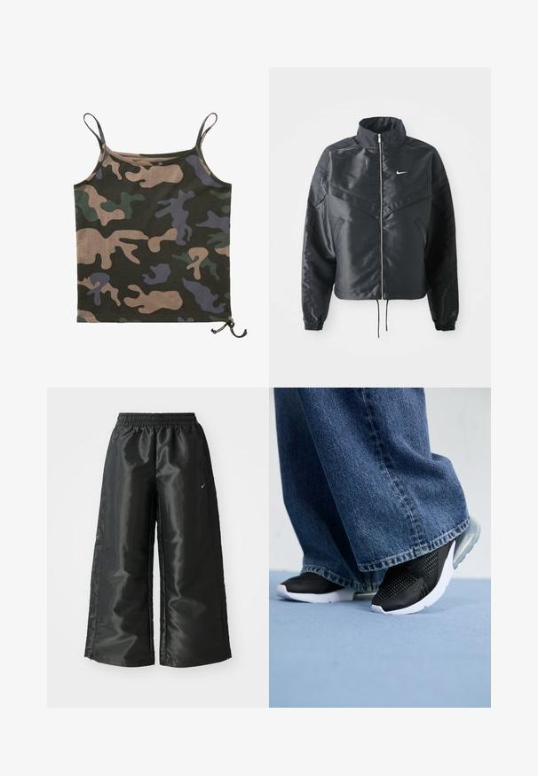 Melna apgriezta jaka ar augstu apkakli, rāvējslēdzēja aizdari, elastīna aprocēm un baltu Nike logo. Gluda, spīdīga auduma ar nedaudz teksturētu virsmu.; Brandit Tops - darkcamo; Melnas sporta bikses ar spīdīgu, gludu audumu, aprīkotas ar elastīgu jostu, platām kājām un mazu logotipu kreisajā pusē.; Melni sporta apavi ar sietiņu detaļām, baltu zoli un redzamu gaisa amortizāciju, saskaņoti ar zilu džinsiem ar platajiem galiem.