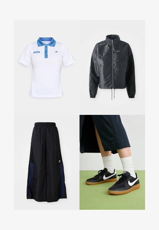Casaco preto curto com colarinho alto, fecho de zip, punhos em elastano e um logótipo Nike branco. Tecido suave e brilhante com uma superfície ligeiramente texturizada.; Camisa polo branca com gola azul e botão. Apresenta detalhes em azul no logótipo no peito e laterais. Textura de tecido suave.; Calças largas pretas feitas de tecido leve, com um painel lateral azul-marinho e cintura elástica. Pequeno logótipo branco na parte inferior.; Sapatilhas pretas em couro e sintético com o logo da Nike em branco, sola de borracha tipo goma, bico redondo e atacadores pretos. Meias brancas com frunces visíveis.