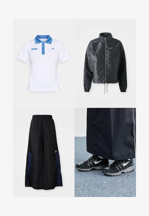 Casaco preto curto com colarinho alto, fecho de zip, punhos em elastano e um logótipo Nike branco. Tecido suave e brilhante com uma superfície ligeiramente texturizada.; Camisa polo branca com gola azul e botão. Apresenta detalhes em azul no logótipo no peito e laterais. Textura de tecido suave.; Calças largas pretas feitas de tecido leve, com um painel lateral azul-marinho e cintura elástica. Pequeno logótipo branco na parte inferior.; Tênis atléticos pretos com um cabedal texturizado, detalhes prateados e um solado estampado, combinados com uma peça longa preta. Ambientado sobre um tapete azul.