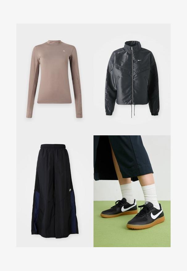 Sort cropped jakke med høj krave, lynlås lukning, elastiske manchetter og et hvidt Nike-logo. Glat, blankt stof med en let struktureret overflade.; Langærmet top i lysebrunt stof med høj krave, tætsiddende facon, minimale sømme og et lille logo på brystet.; Sorte vide benbukser lavet af letvægtsstof, med et marineblåt sidepanel og en elastisk talje. Lille hvidt logo nederst.; Sorte læder- og syntetiske sneakers med hvid Nike swoosh, gummisål, rund tå og sorte snørebånd. Ribbede hvide sokker synlige.