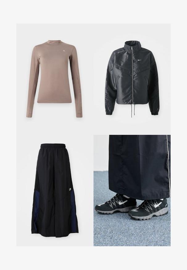 Must kolledžiga must lühike jope, millel on lukuga sulgus, elastne mansett ja valge Nike logo. Sile, läikiv kangas, millel on veidi tekstureeritud pind.; Pikend varrukatega särgike heledast pruunist kangast, millel on kõrge krae, vormiv kuju, minimaalsed õmblused ja väike logo rinnal.; Mustad laiad mustad püksid kergest kangast, millel on tumesinine külgpaneel ja elastne vöökoht. Väike valge logo allservas.; Mustad mustrehilised mustad spordijalatsid, millel on tekstuurne pealmine osa, hõbedased aktsendid ja mustriga tallaosad, koos musta pika riietusega. Seatud sinise vaiba taustale.