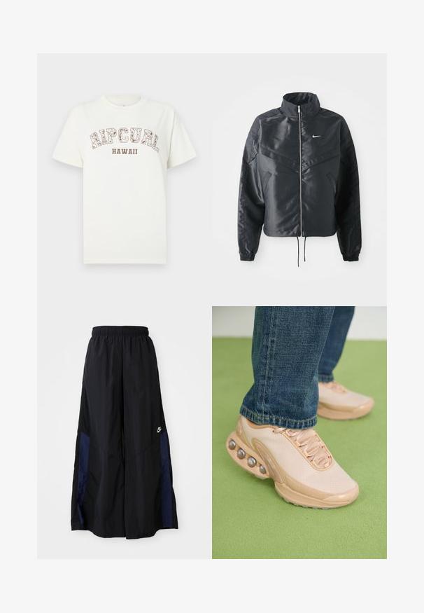 Crna kratka jakna s visokim ovratnikom, zatvaranjem na patentni zatvarač, elastinim rukavima i bijelim Nike logom. Glatka, sjajna tkanina s lagano teksturiranom površinom.; Bijela pamučna majica kratkih rukava s tiskom "RIPCURL" i "HAWAII" u smeđoj boji. Jednostavan dizajn s okruglim izrezom.; Crne hlače širokih nogavica izrađene od lagane tkanine, sa tamnoplavim bočnim panelom i elastičnom stražnjom trakom. Mali bijeli logo je na dnu.; Svijetlosmeđi sportski tenisice imaju mrežastu gornjište, gumeni potplat i zaobljene detalje s metalnim naglascima. Nosene su s plavim trapericama na zelenoj površini.