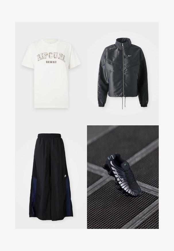Schwarze, verkürzte Jacke mit hohem Kragen, Reißverschluss, Elastan-Ärmeln und einem weißen Nike-Logo. Glattes, glänzendes Material mit leicht strukturiertem Oberflächeneffekt.; Weißes Baumwoll-T-Shirt mit kurzen Ärmeln, bedruckt mit "RIPCURL" und "HAWAII" in Braun. Schlichtes Design mit Rundhalsausschnitt.; Schwarze weit geschnittene Hose aus leichtem Stoff, mit einem dunkelblauen Seitenpanel und einem elastischen Bund. Kleines weißes Logo am unteren Ende.; Schwarzer Sportschuh mit strukturiertem Mesh-Obermaterial, silbernen Akzenten, Fußgewölbeunterstützung und gepolsterter Sohle mit auffälligem segmentiertem Design.