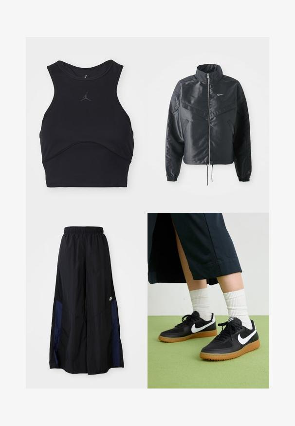 Svart cropped jakke med høy krage, glidelåsåpning, elastiske mansjetter og en hvit Nike-logo. Glatt, shiny stoff med en lett teksturert overflate.; Svart treningsbh laget av glatt stoff med scoop-hals og ermene er uten design. Har en subtil grå logo og buede sømdetaljer.; Svarte vide bukser laget av lett stoff, med et marineblått sidestykke og elastisk midjebånd. Liten hvit logo nederst.; Sorte lær- og syntetiske joggesko med hvit Nike swoosh, gummisåle, rund tå og sorte lisser. Ribbet hvite sokker synlige.